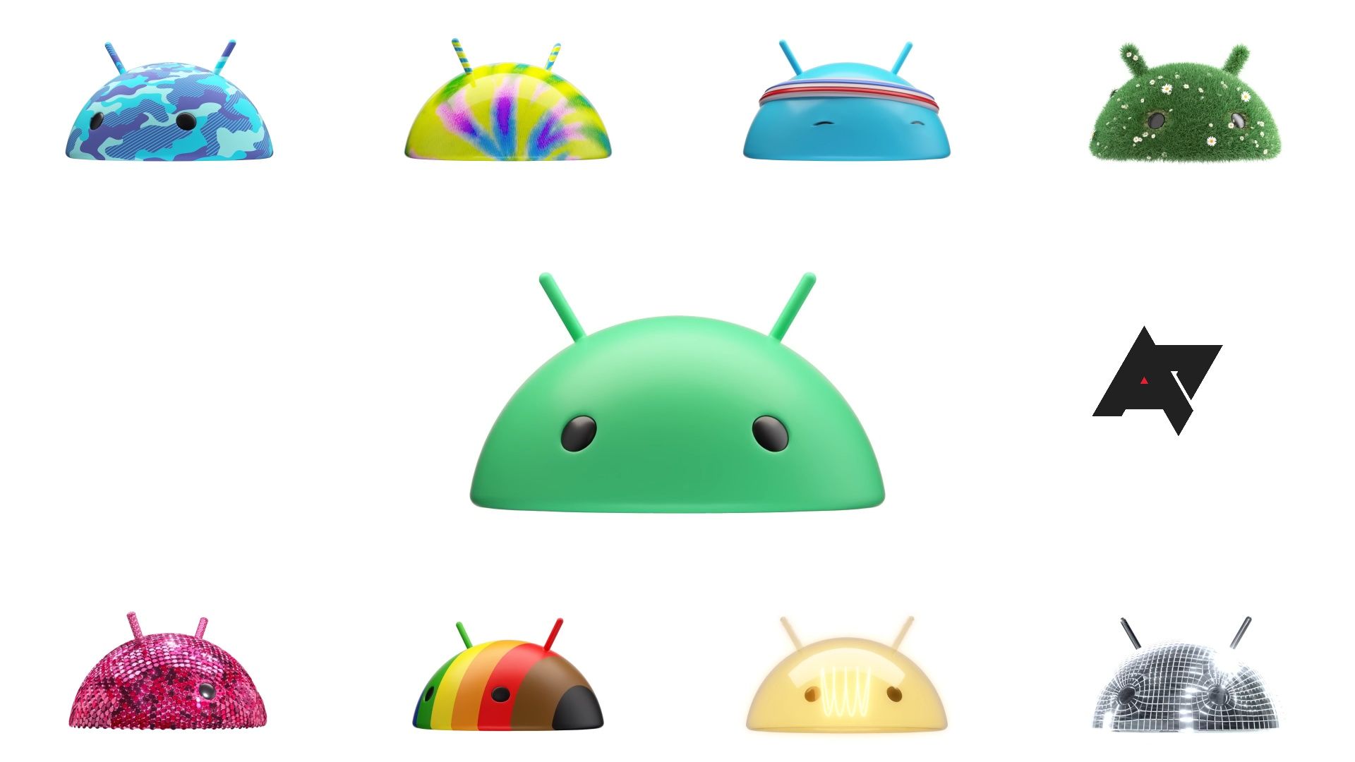 The Android bugdroid logo in a variety of different designs