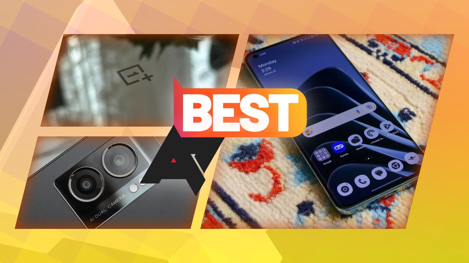Three photos of OnePlus phones from different angles with an 'AP Best' logo on top