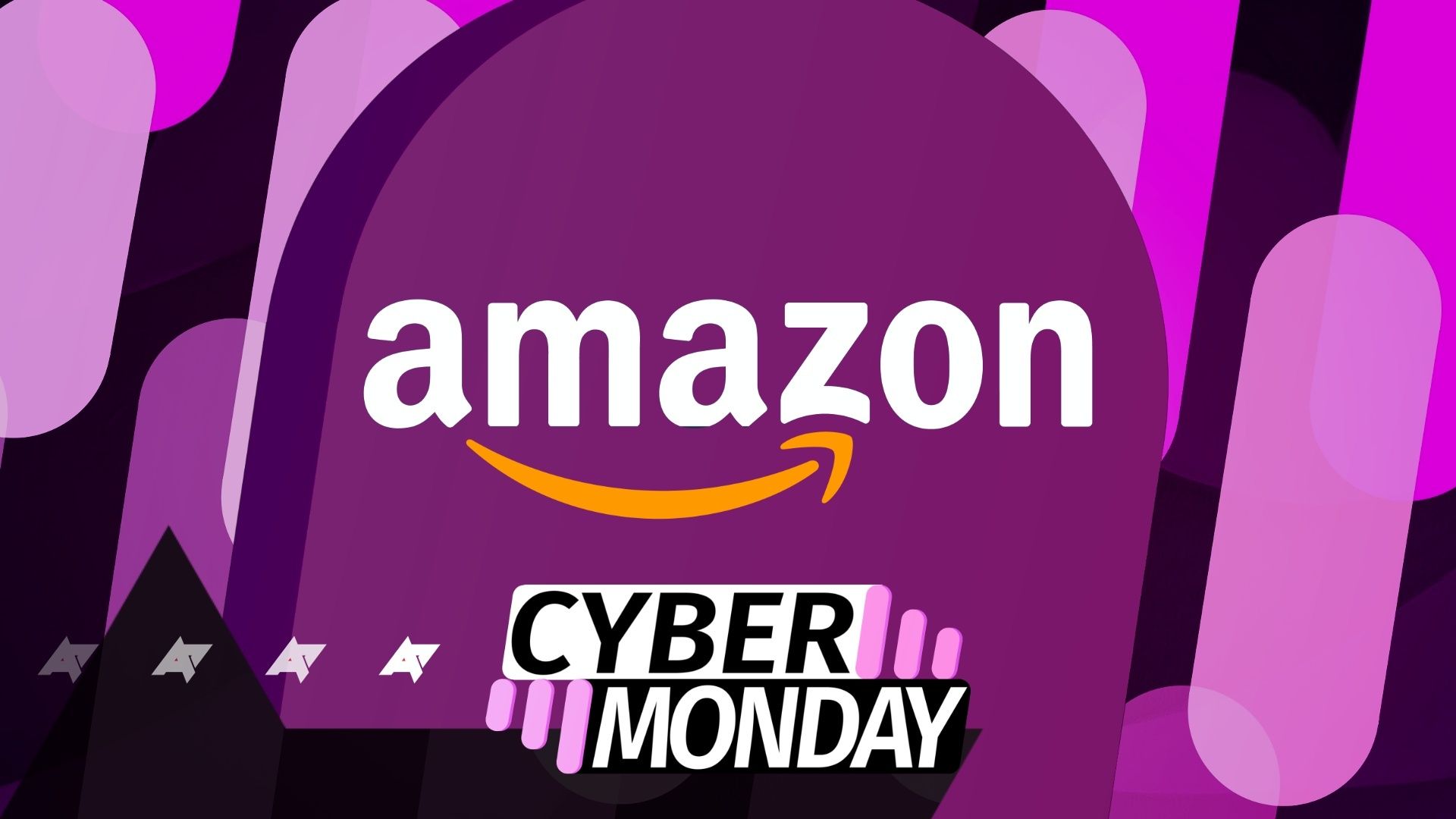 The Amazon logo on a purple background with a Cyber Monday logo below