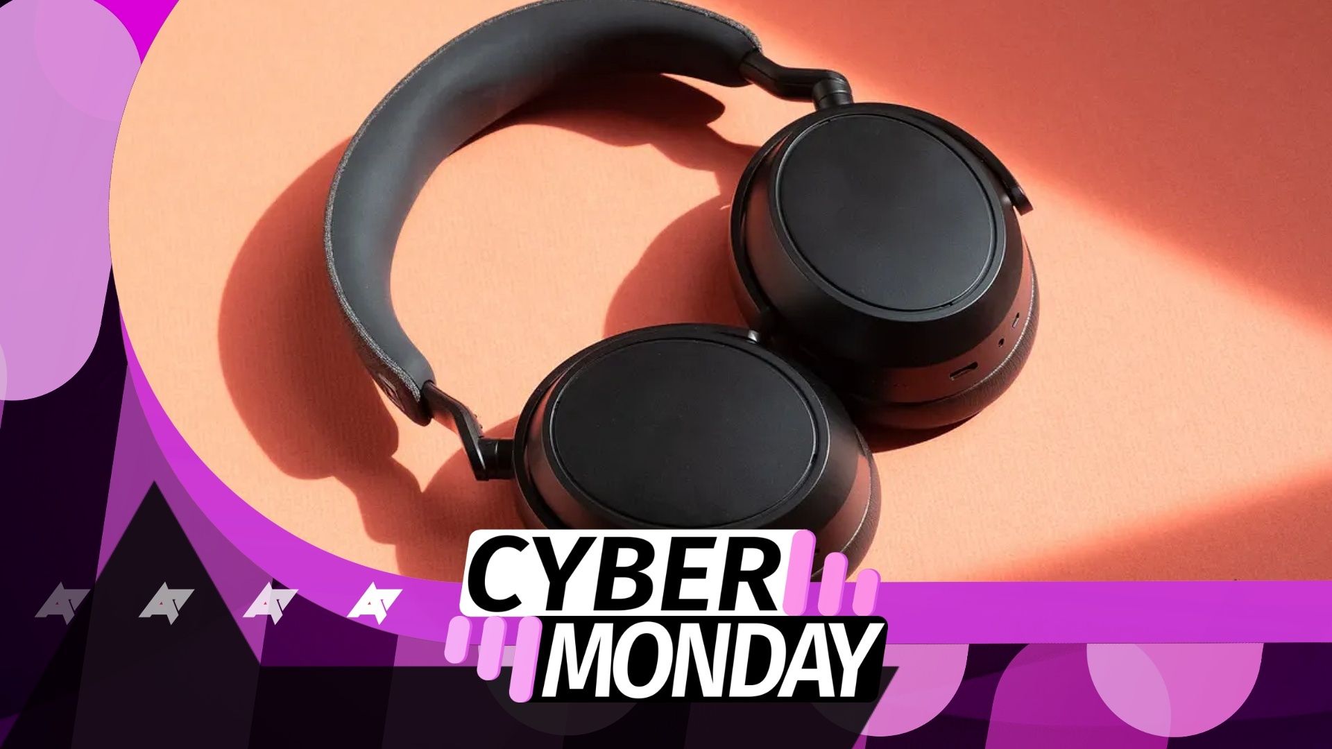 A photo of headphones with a Cyber Monday graphic below