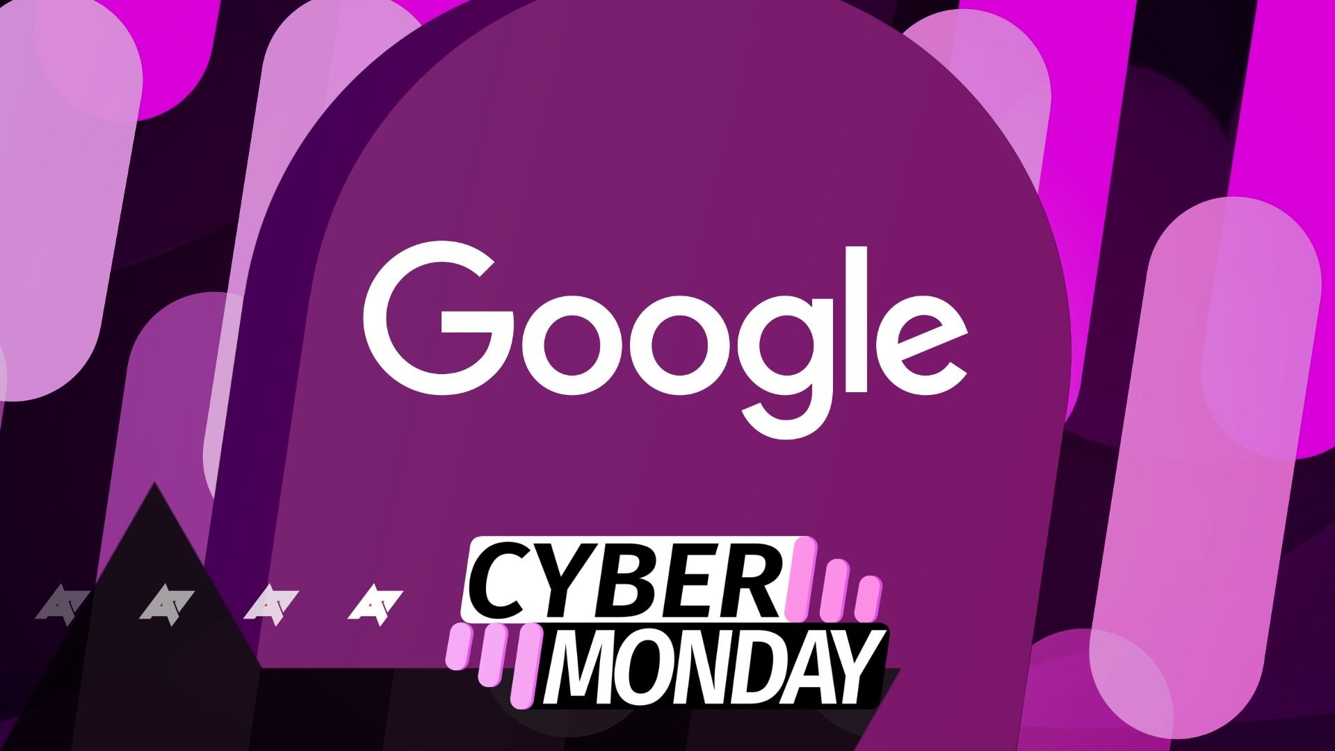 The Google logo on a purple background with a Cyber Monday logo below