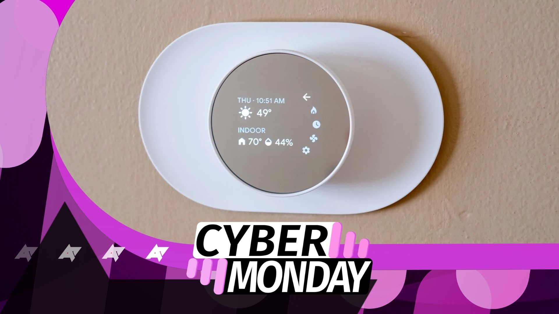 A smart thermostat with a Cyber Monday graphic below