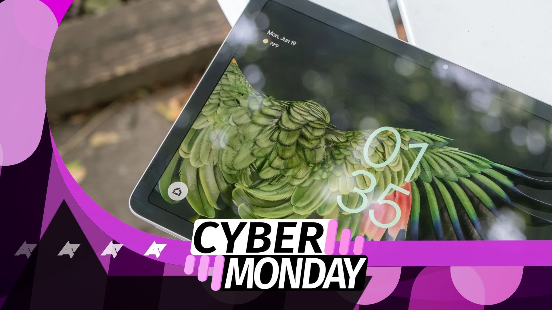A photo of the Pixel Tablet with a Cyber Monday banner overlaid on top