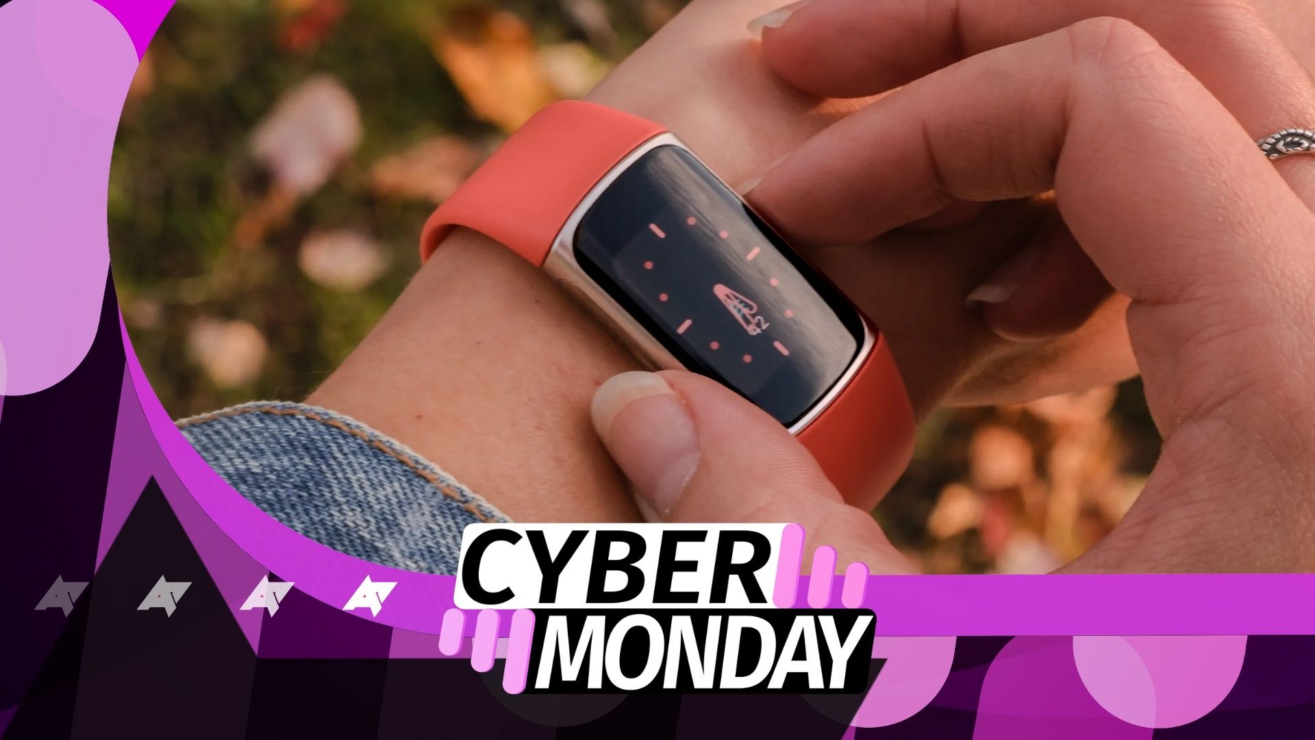 A photo of the Fitbit Charge 6 with a Cyber Monday graphic below