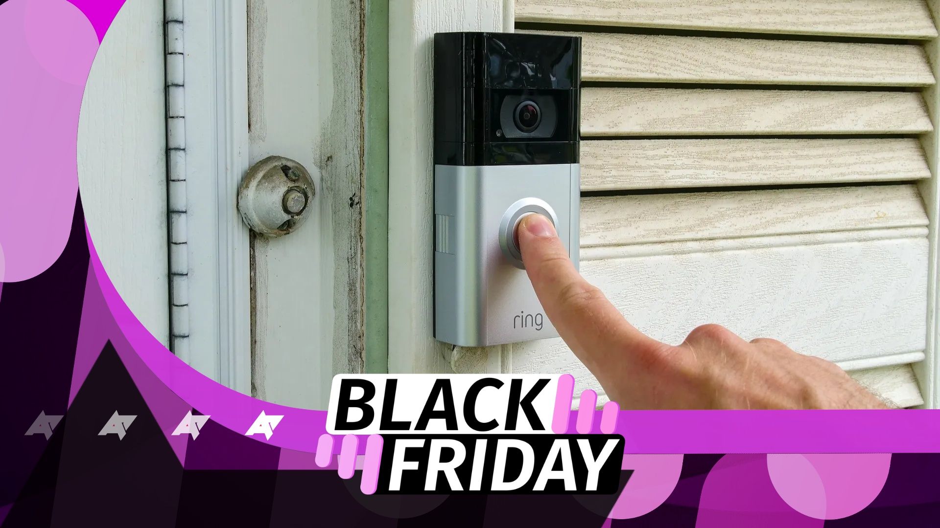 Someone pressing the button on a Ring doorbell with a Black Friday logo