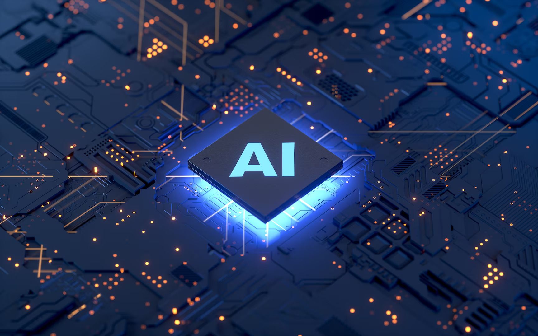 AI on a computer chip surrounded by a circuit board.