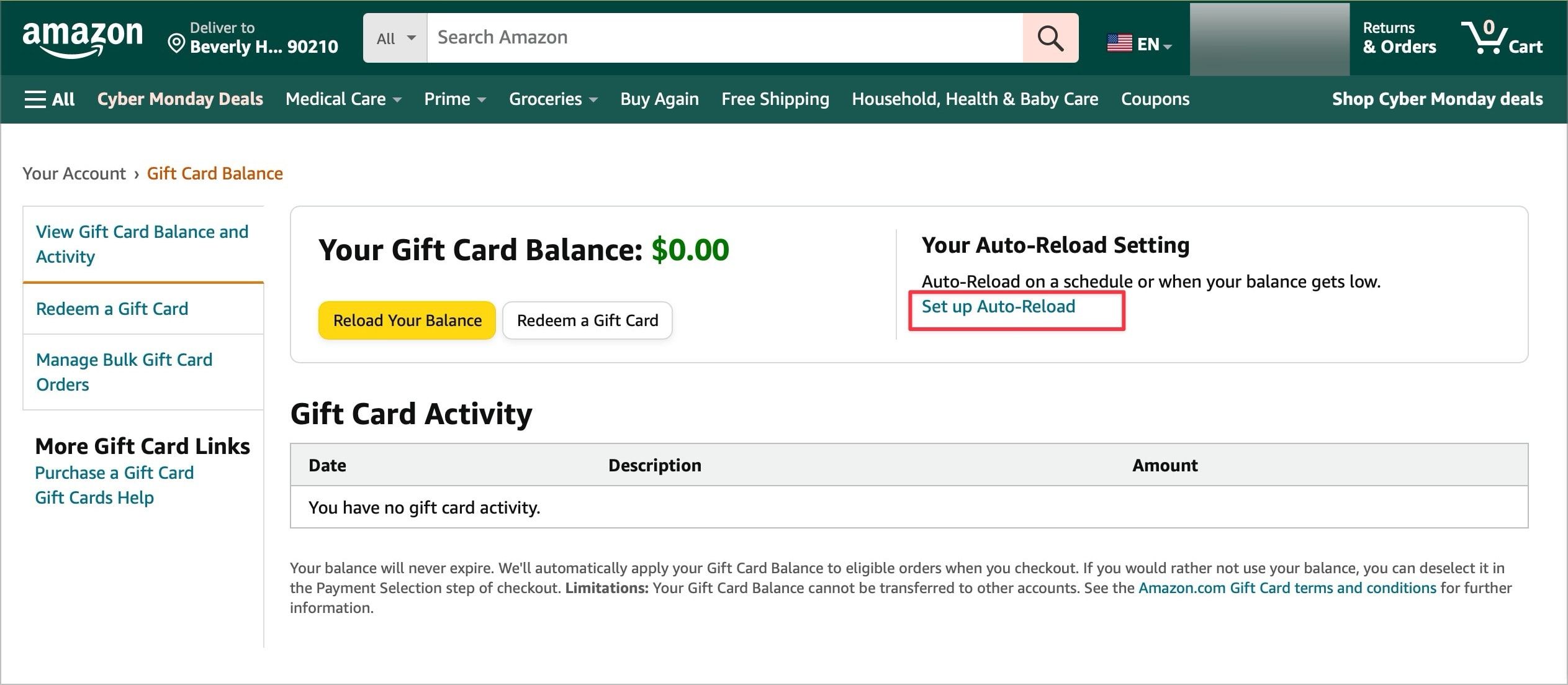 Amazon Gift Card page showing auto-reload option