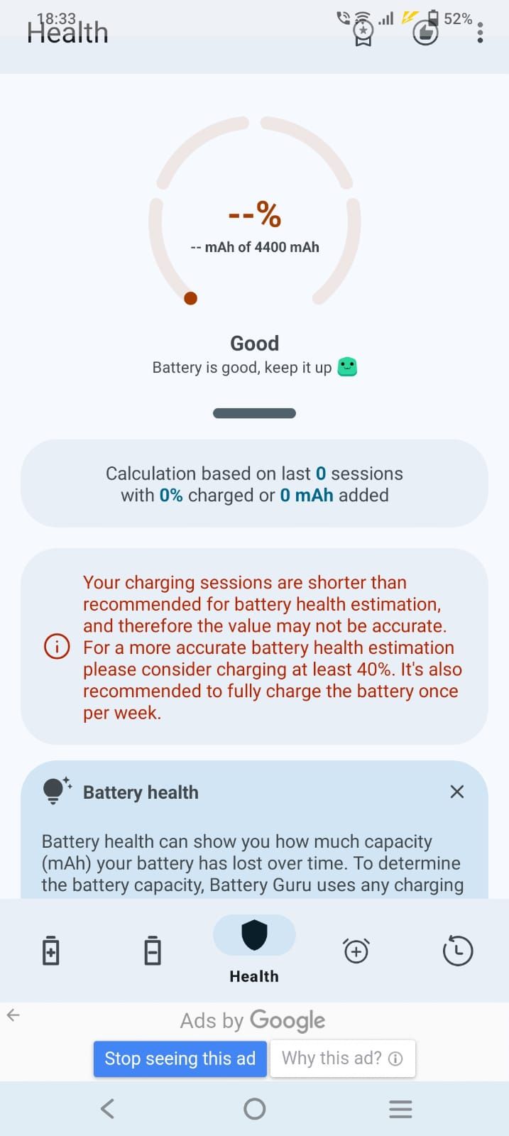 Screenshot of the battery health section in Battery Guru