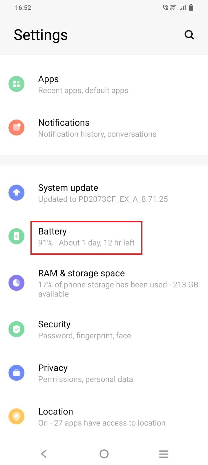 Screenshot of the Battery option under Settings