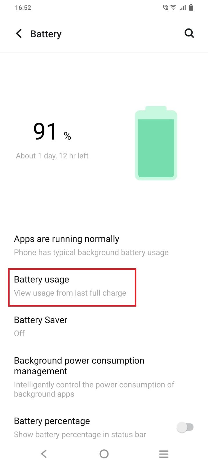 Screenshot highlighting Battery percentage under Battery 