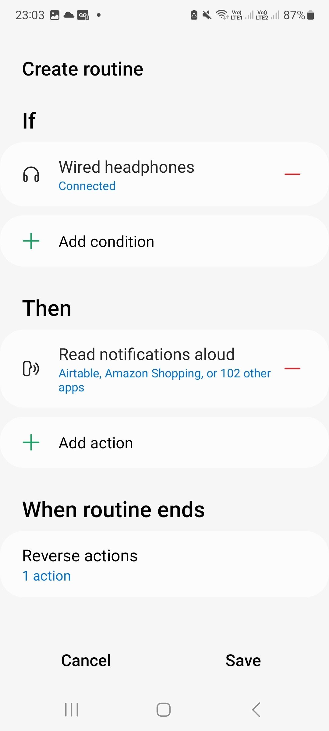 Screenshot of the bixby app showing selected routine settings