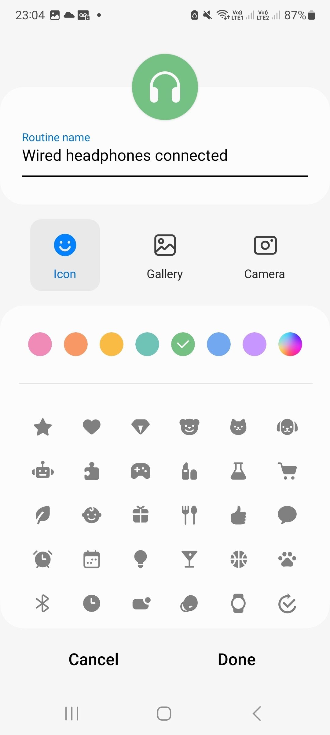 Screenshot of bixby routine's icon selection screen