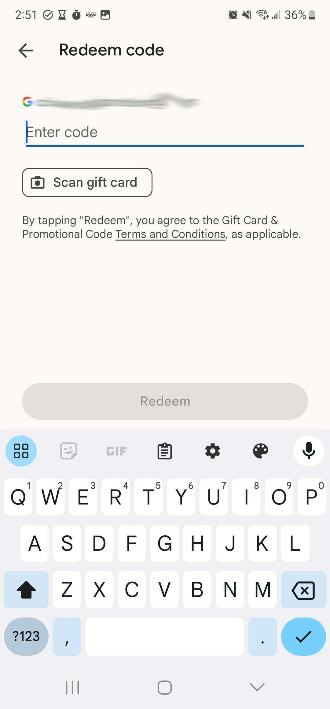 A screenshot of the Google Play Store app's "Redeem Code" page.