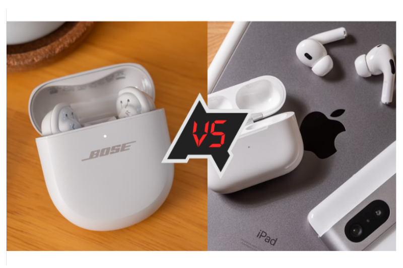 Bose QuietComfort Ultra Earbuds vs. Apple AirPods Pro (2nd Gen) side by side.