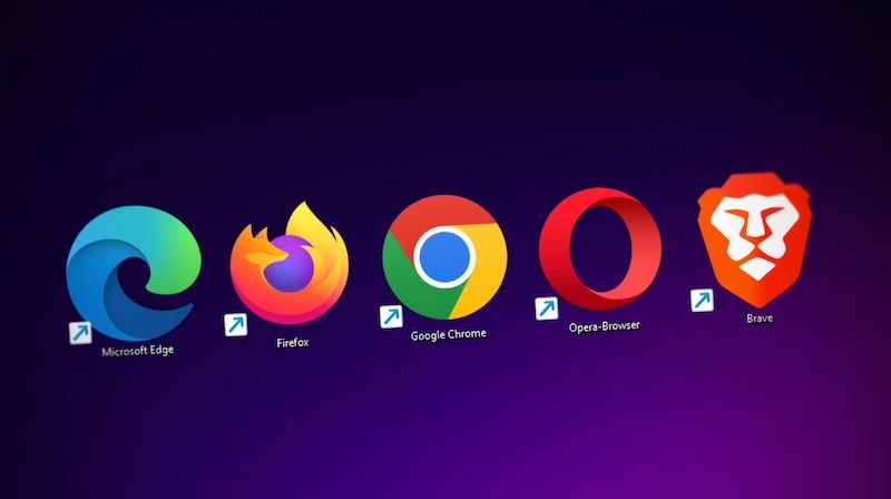A collection of web browser logos, including Microsoft Edge, Firefox, Google Chrome, Opera-Browser, and Brave