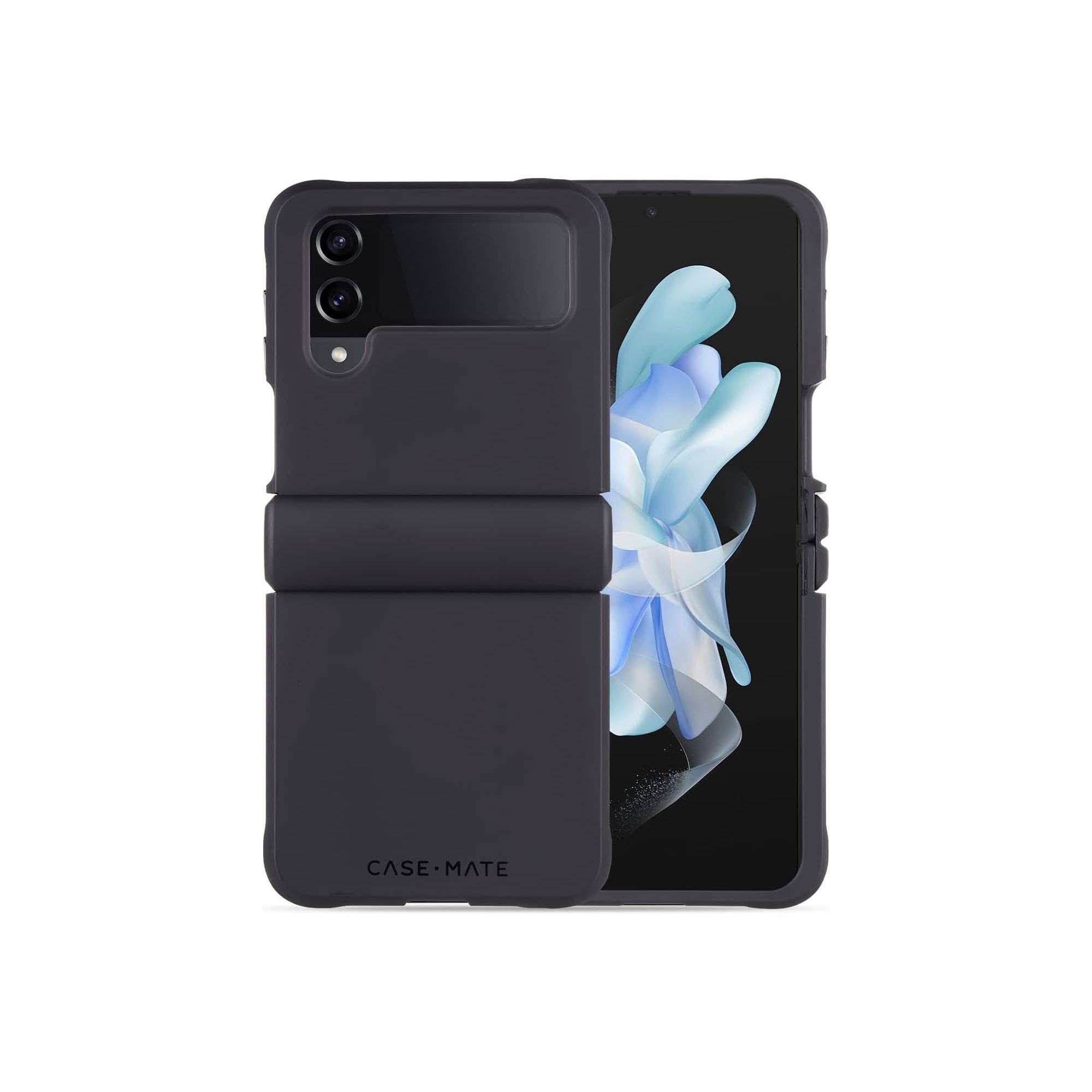 A Samsung Galaxy Z Flip 4 in a case-mate tough series cover flipped open on a white background