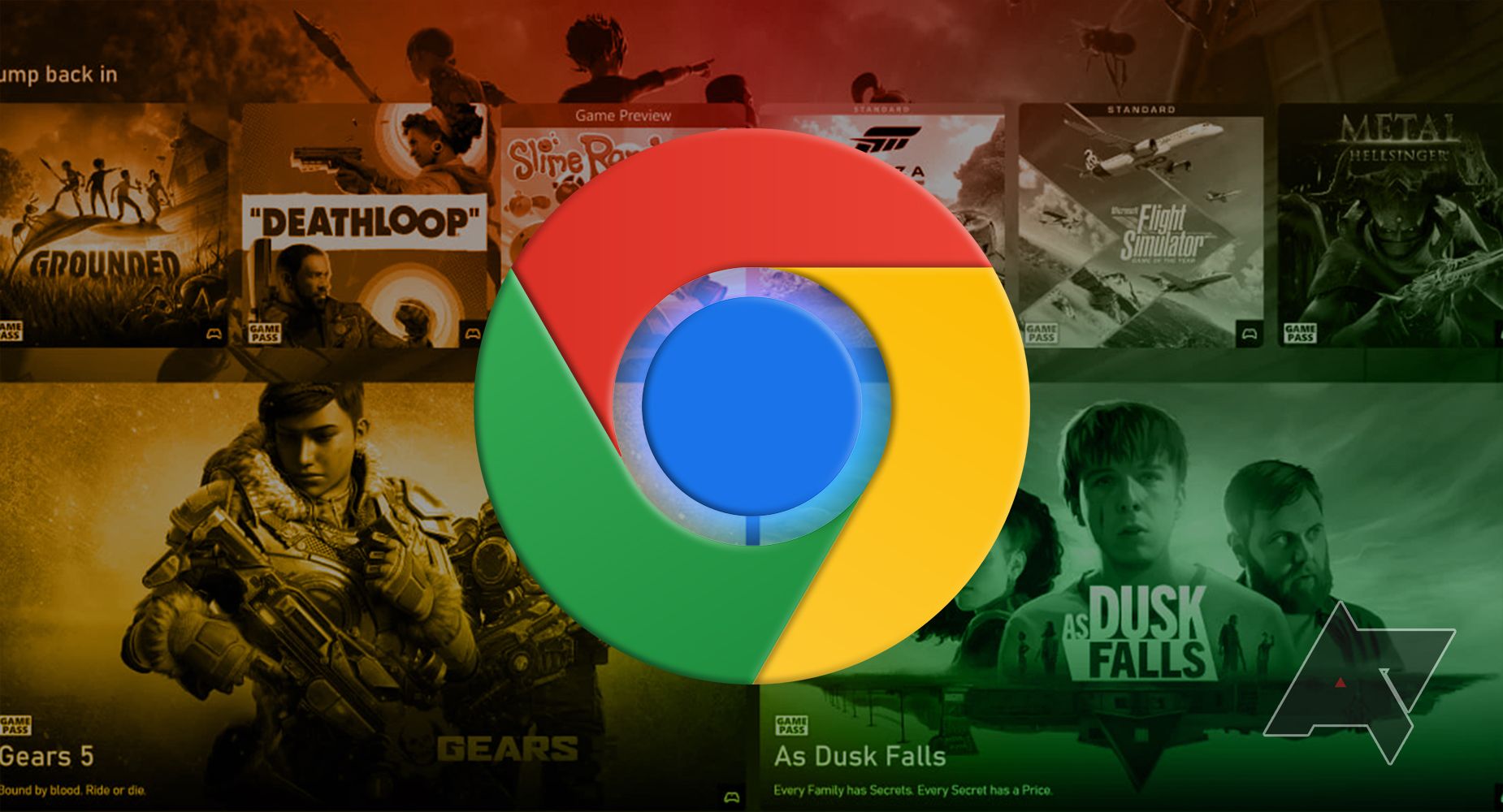 Chrome logo over a screenshot of Xbox Game Pass landing screen