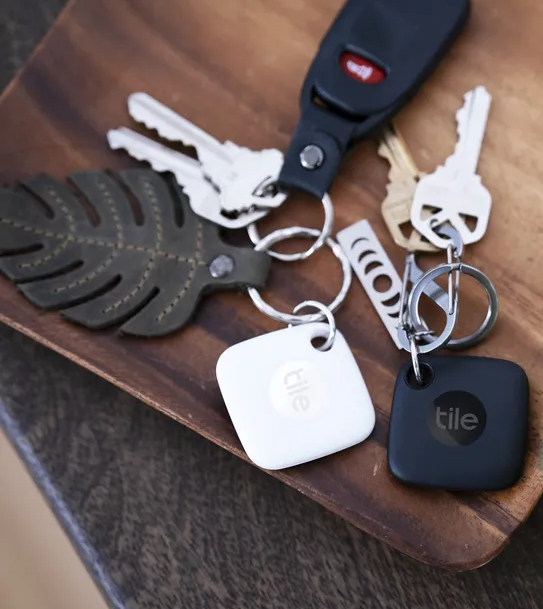 Tile tracker attached to a key ring. 