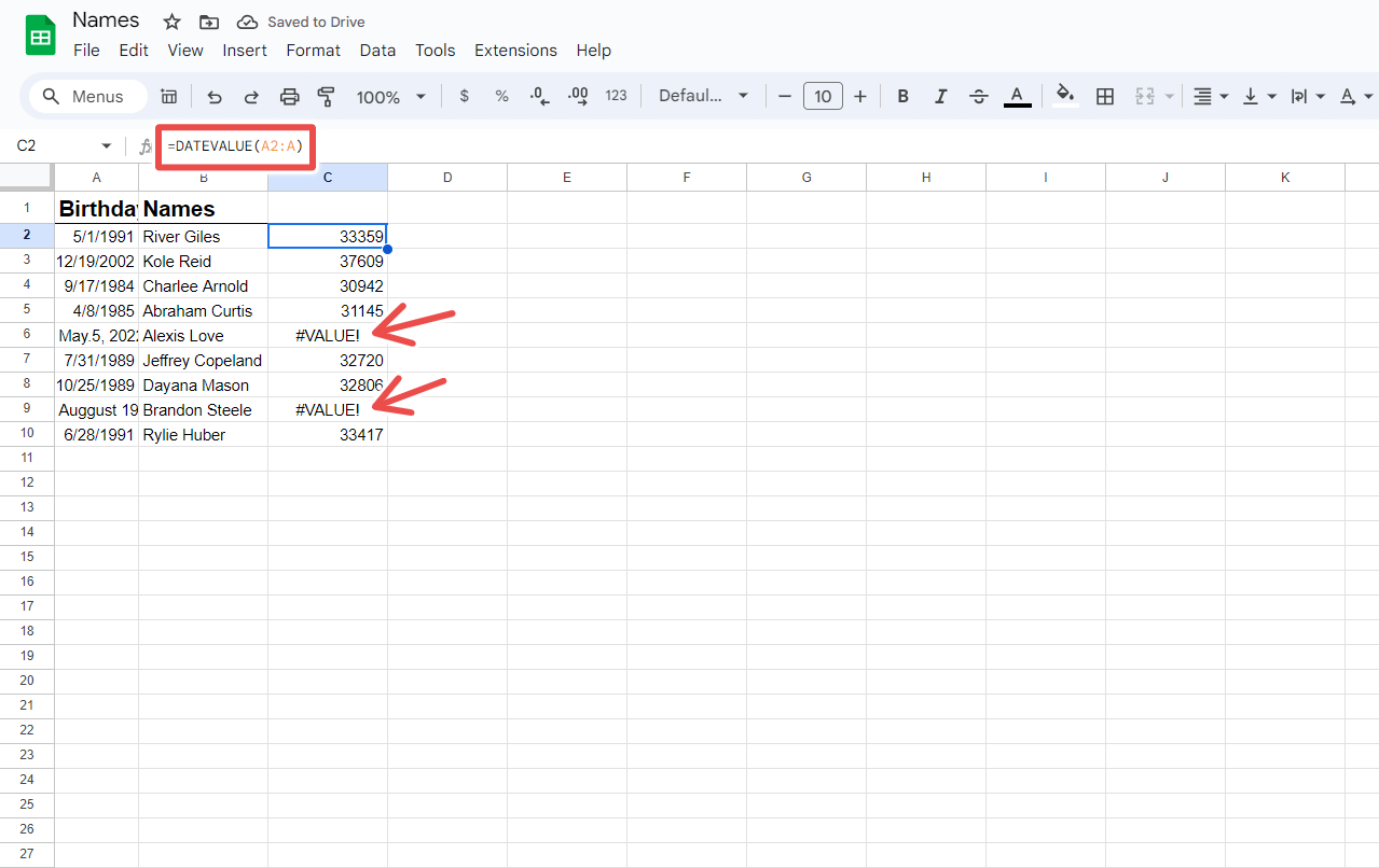 The datevalue function in Google Sheets