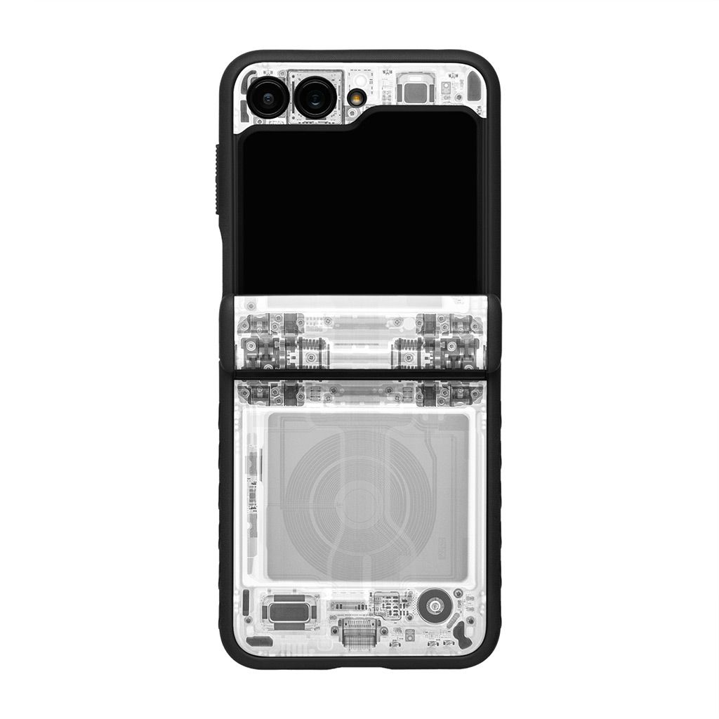 A case simulating a transparent Z Flip 5 phone body with white internal structures