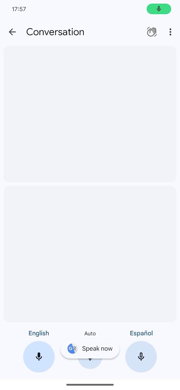 google translate app with conversation screen open between english and spanish