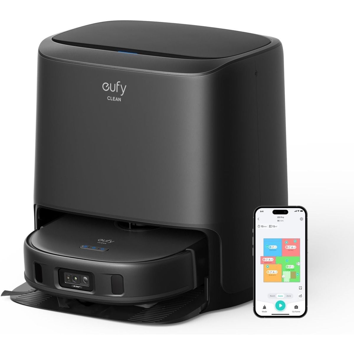 The Eufy Clean X9 Pro Robot Vacuum-mop and a smartphone against a white background