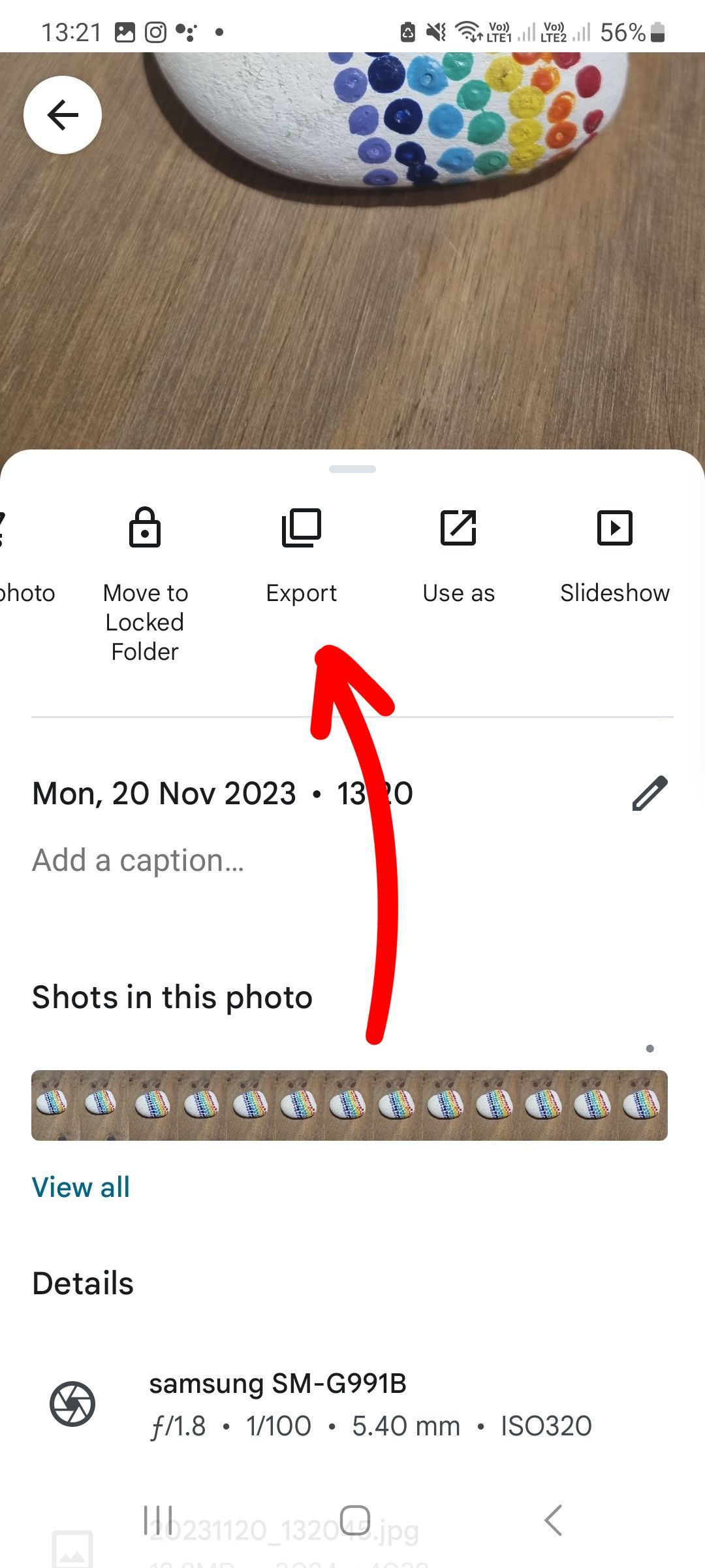 Google photo app export option on Samsung
