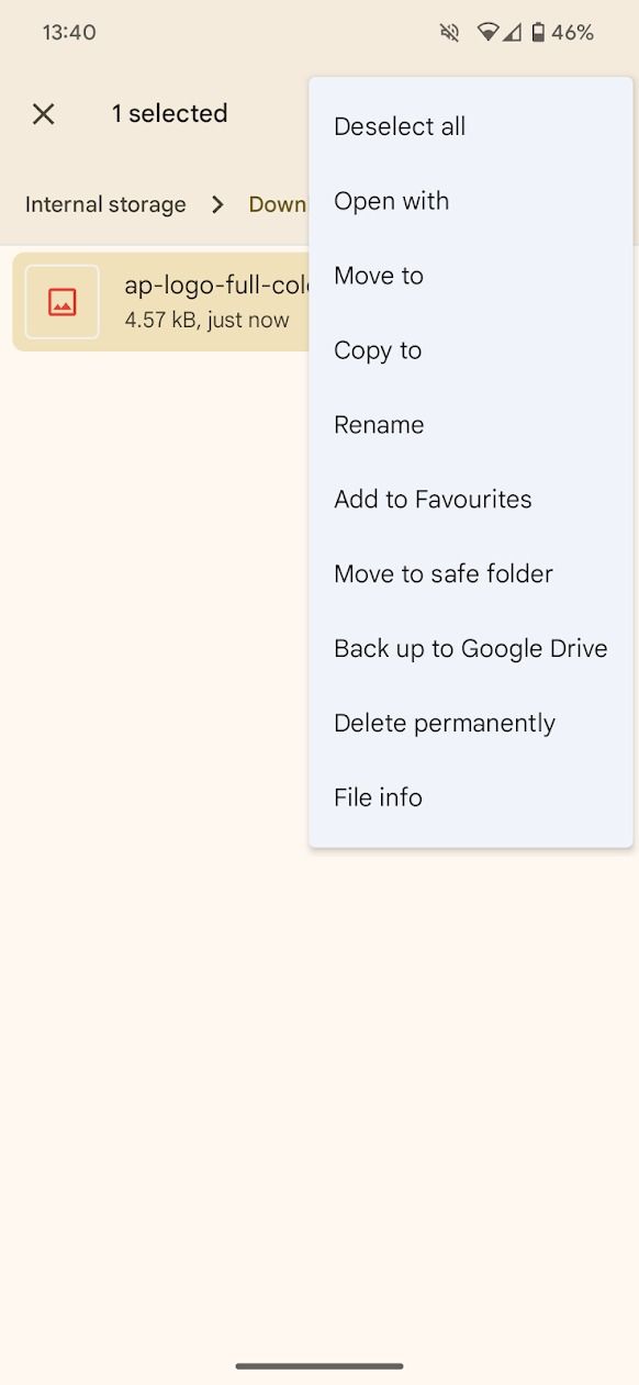 screenshot of file options in files by google app