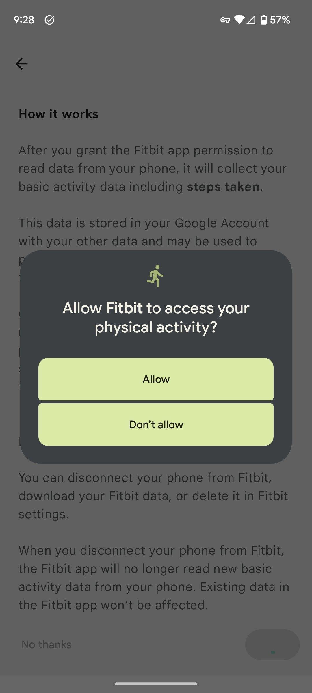 The Allow Fitbit to access your physical activity pop up when setting up a phone as a tracking device in the Fitbit app