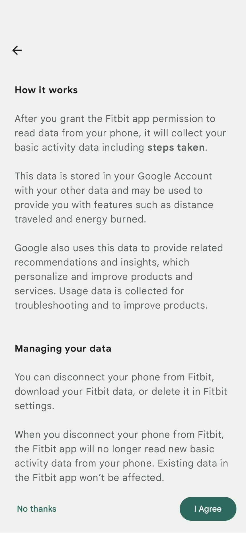 The data screen when setting up a phone as a data tracking device in the Fitbit app