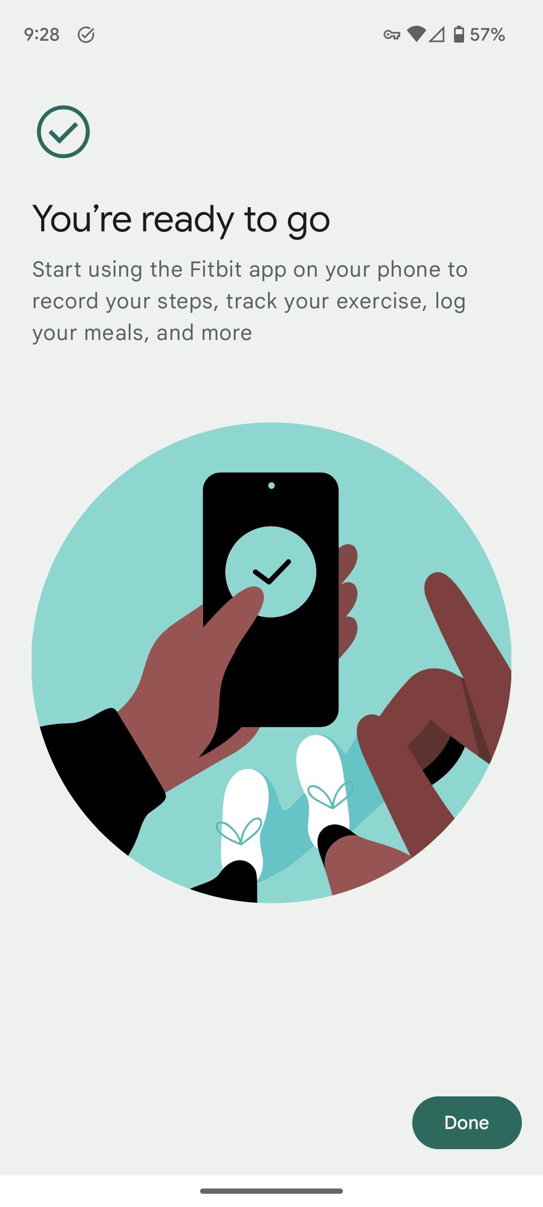 The You're ready to go screen indicating your phone has been set up as a tracking device in the Fitbit app