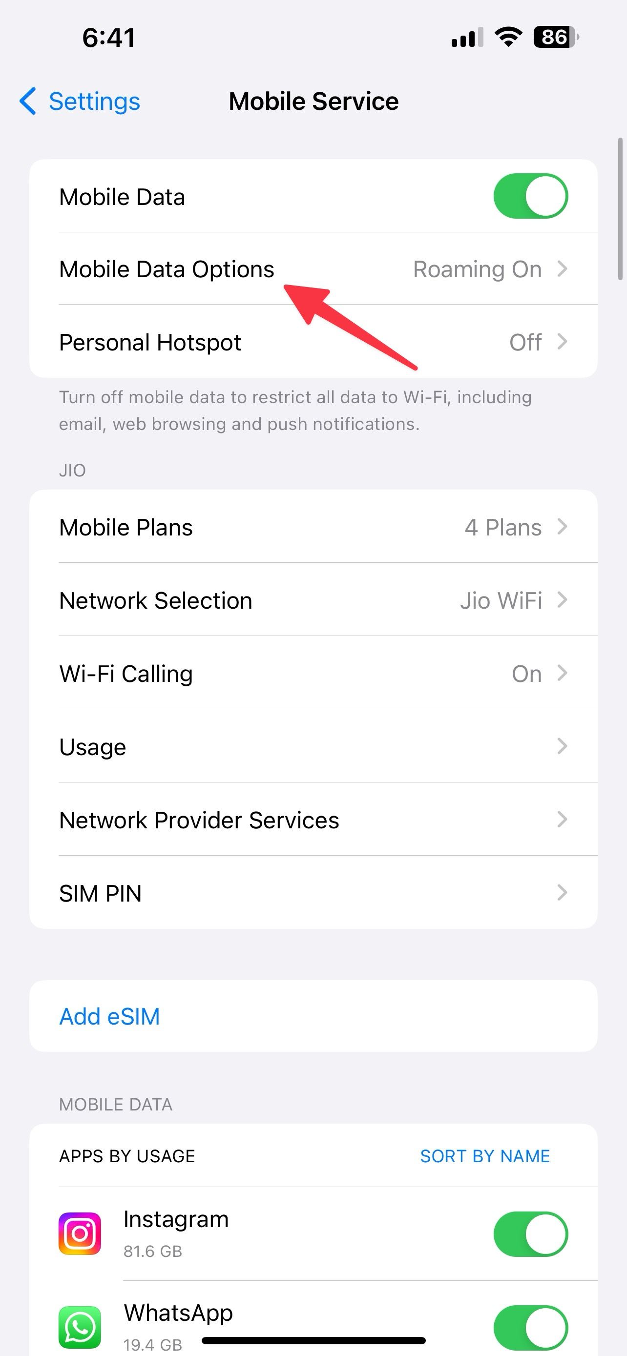select mobile data options