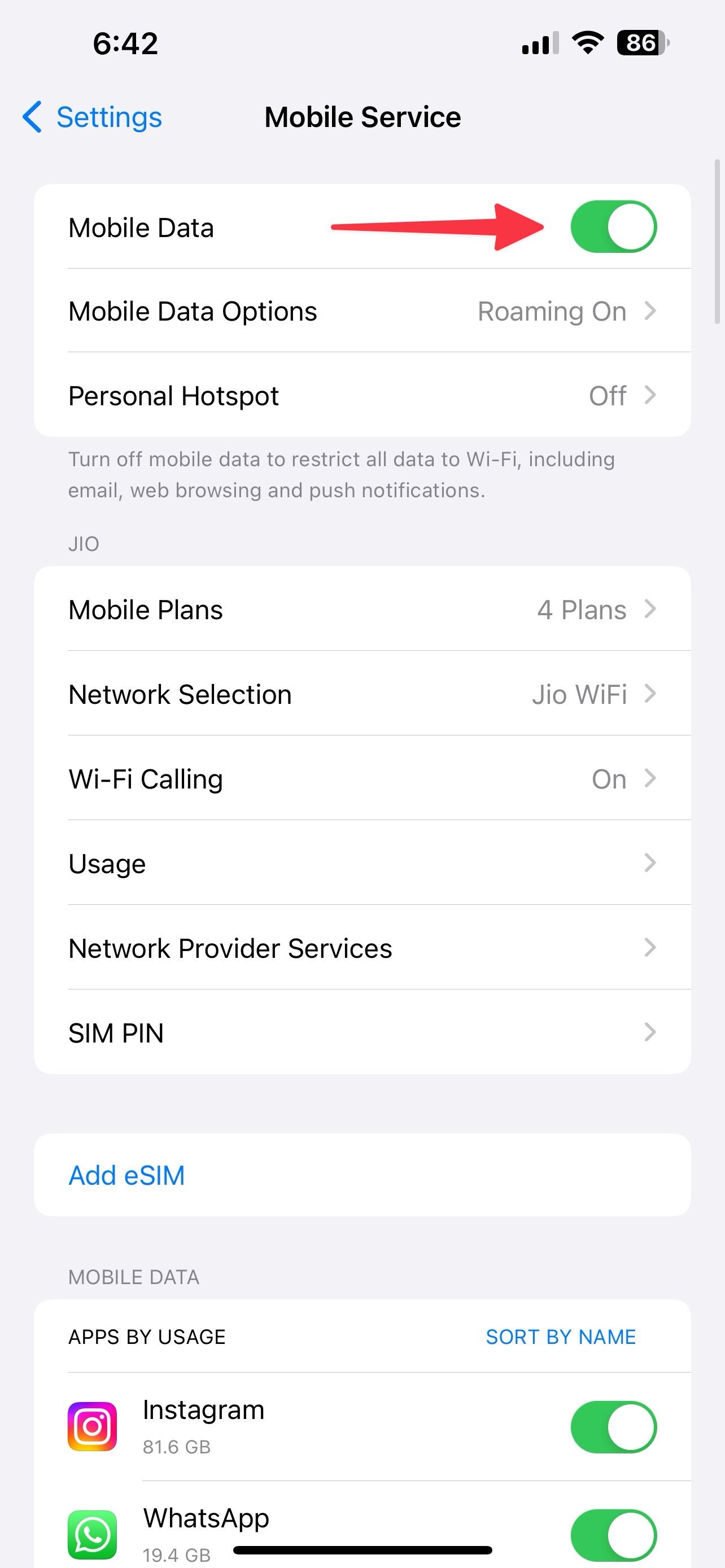 enable mobile data on iPhone