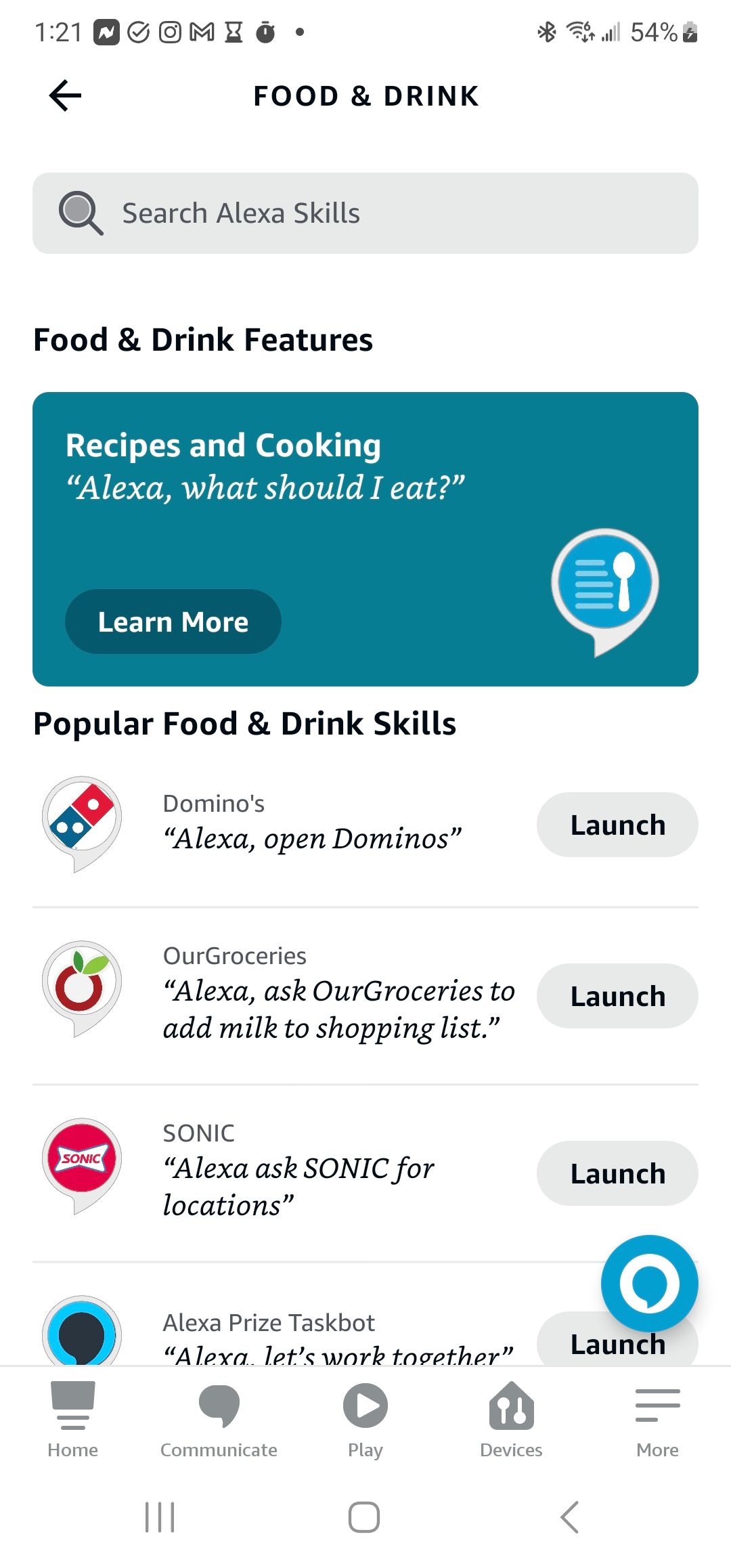 The Alexa app's "Food and Drink" features page.