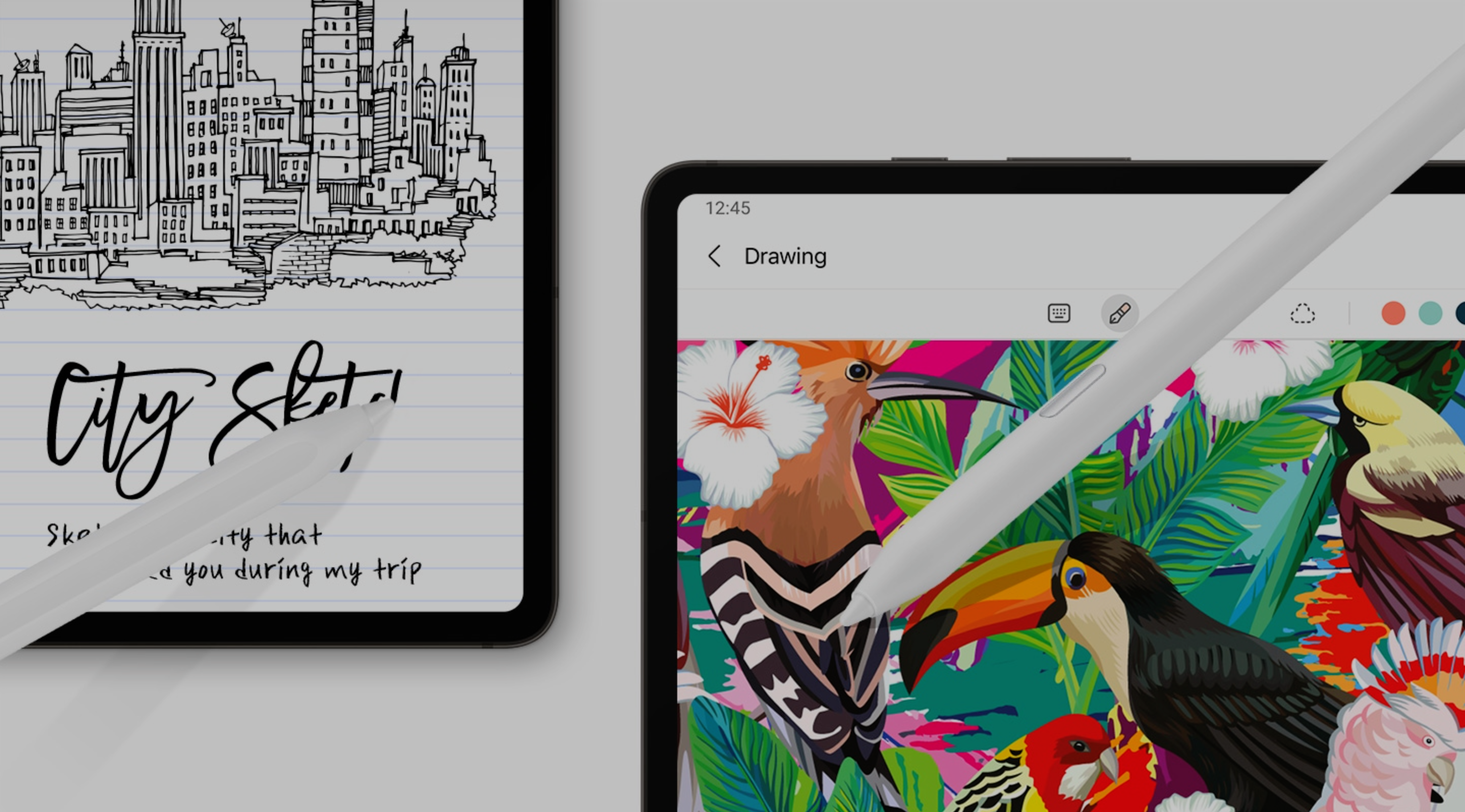 Two Galaxy S Pen Creator Edition stylii shown sketching and inking on a tablet