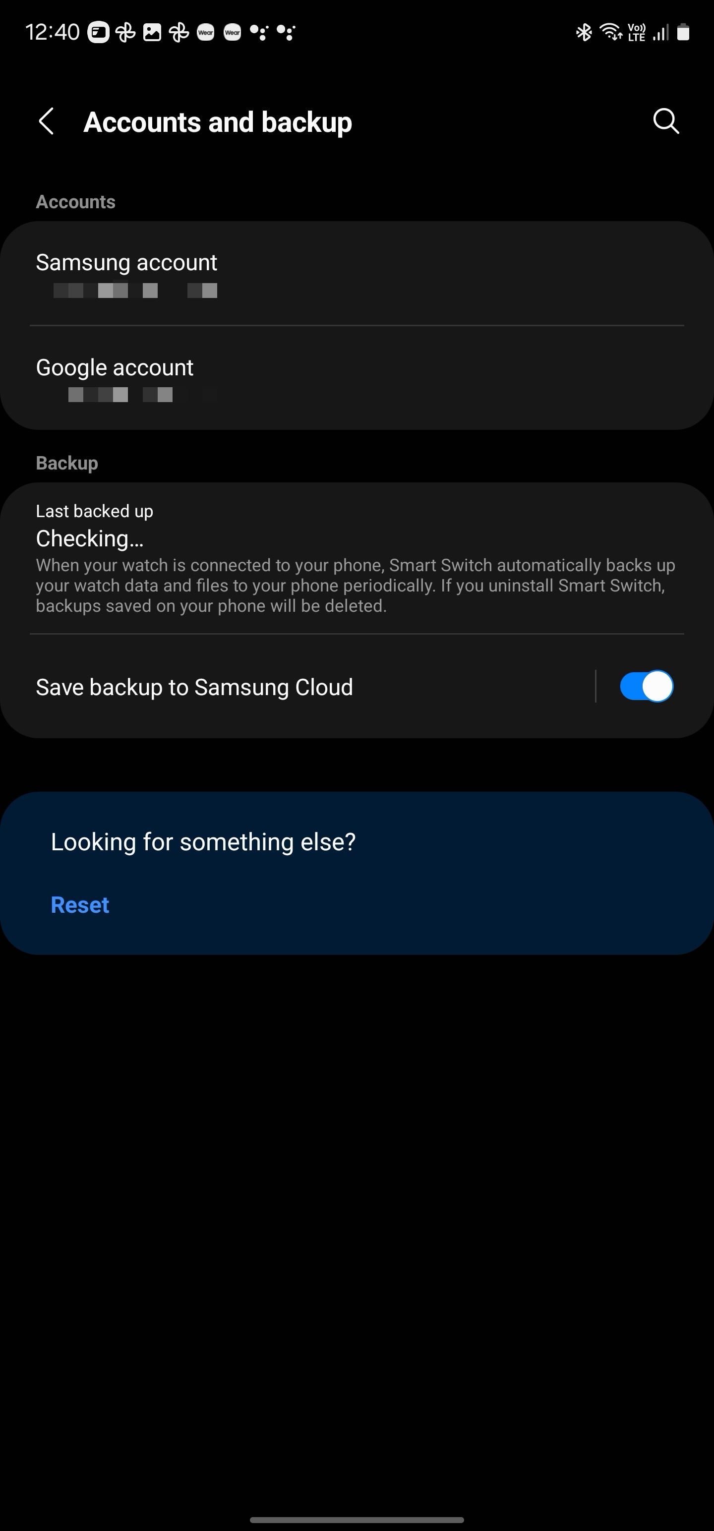 Samsung Galaxy Wearable app with Accounts and backup section open