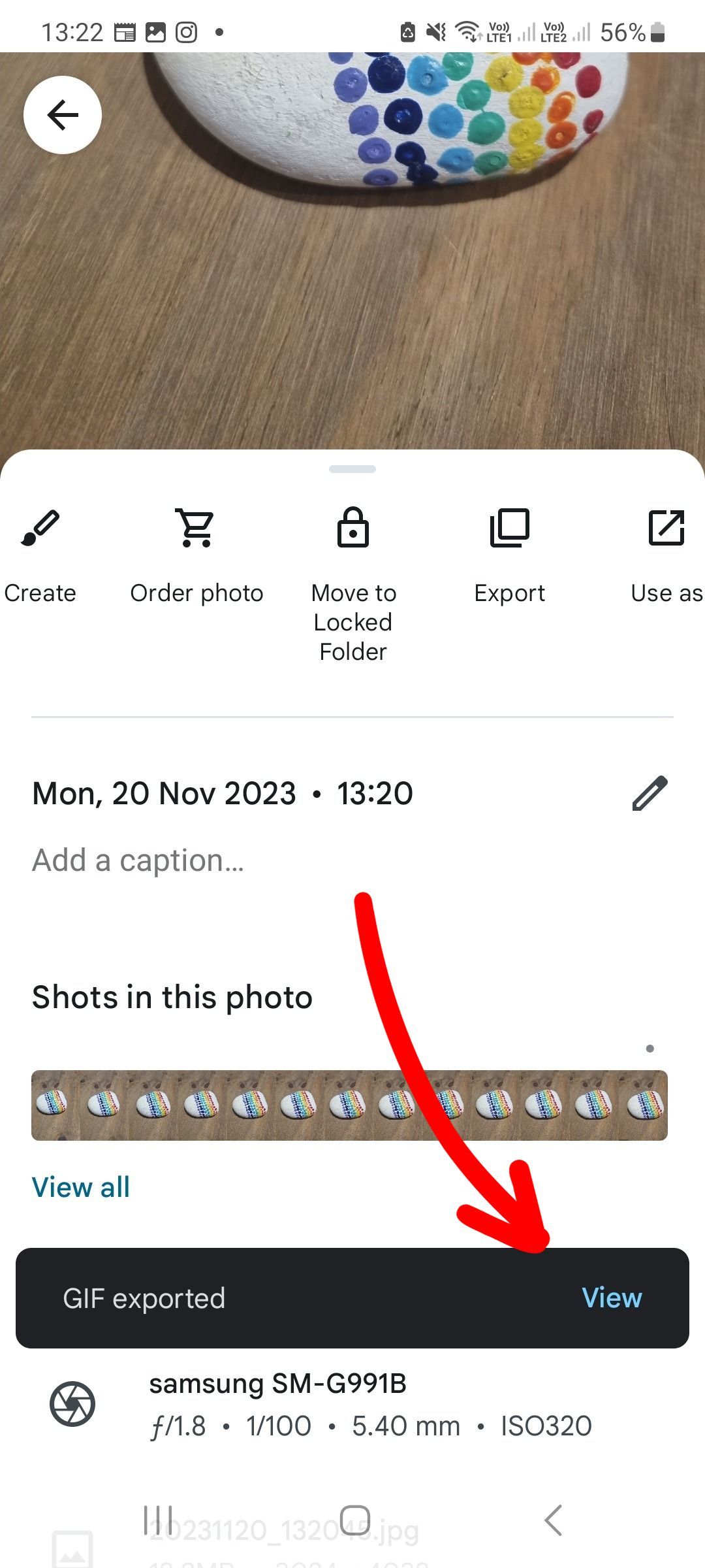 Samsung Google Photo app gif exported confirmation message