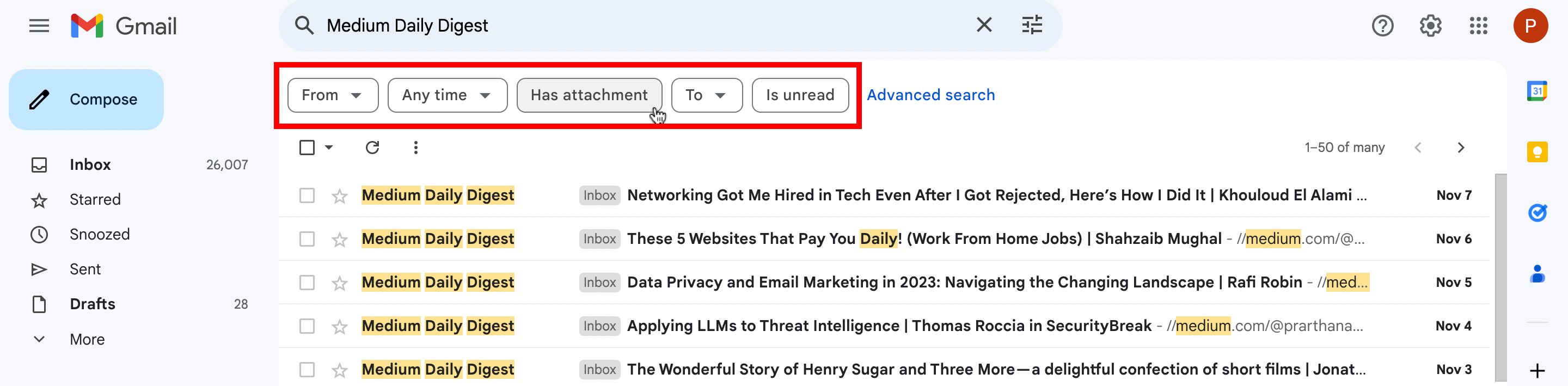 Gmail chips that help users look up relevant emails