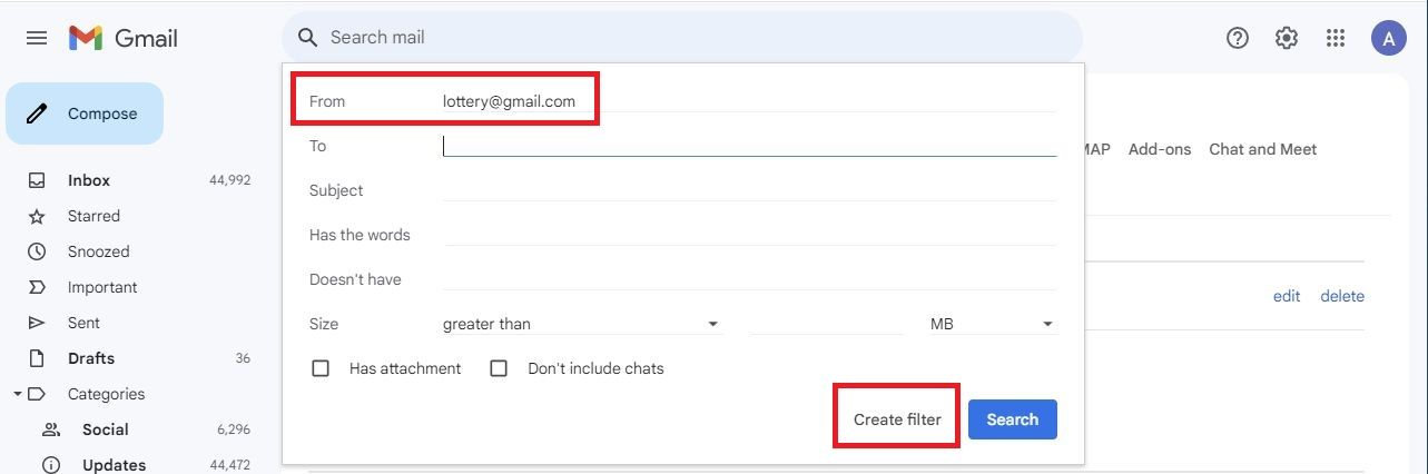 Screenshot of the 'Create filter' option in Gmail