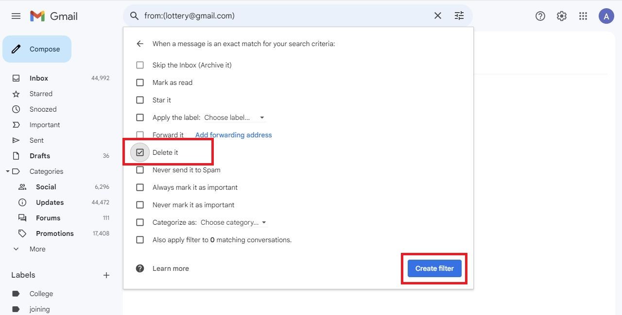Screenshot highlighting the filter options in Gmail