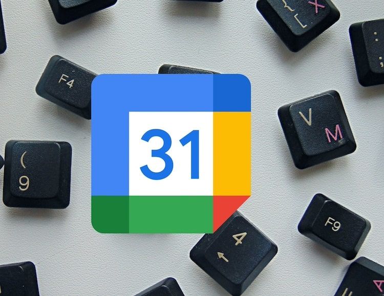 Google Calendar logo overlayed on scattered keyboard buttons hero image