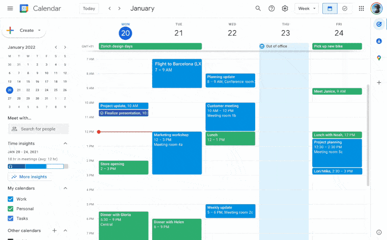 Animation showing how to switch between Calendar and Tasks views in the Google Calendar web UI