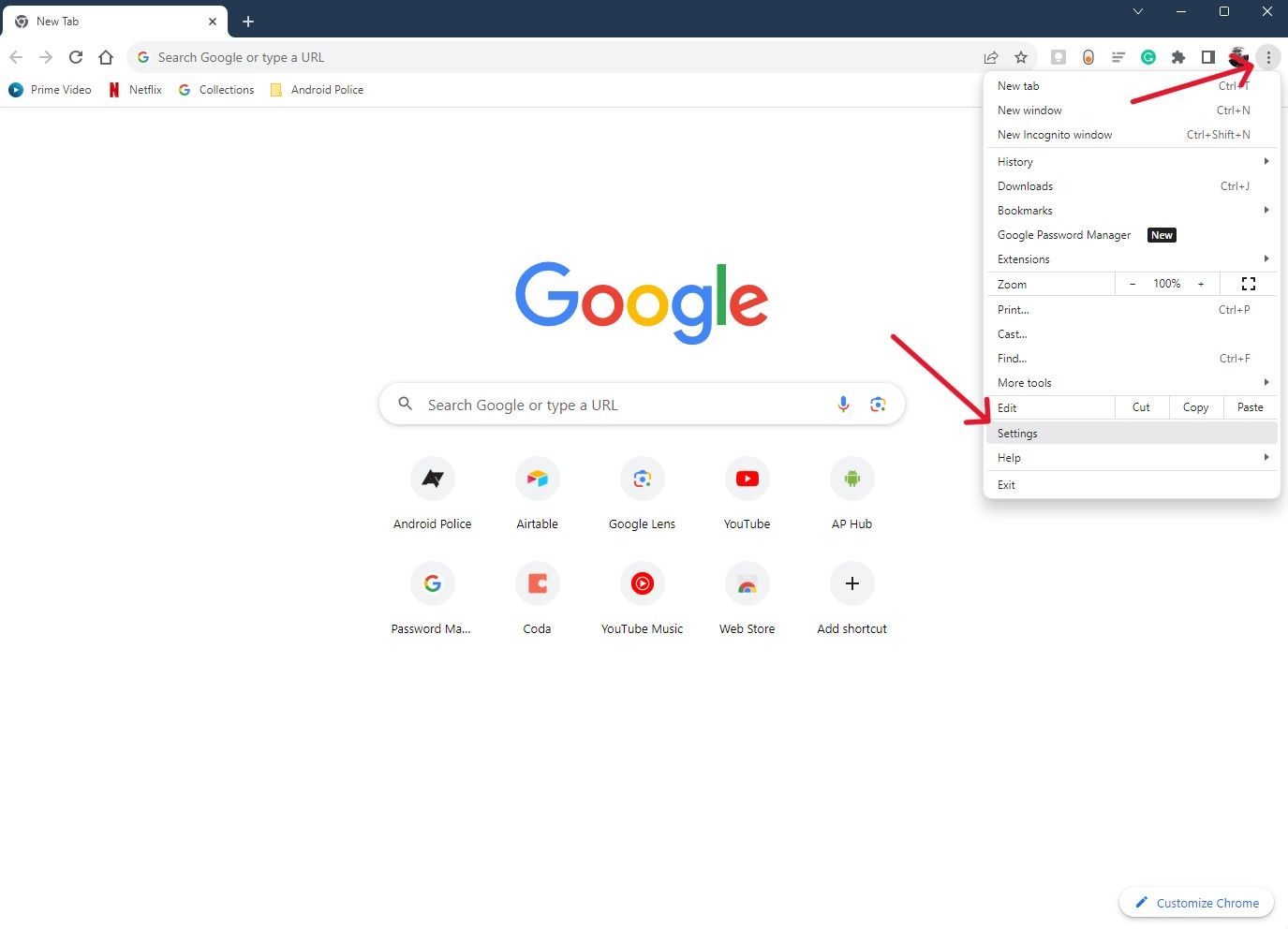 Google Chrome with a red arrow pointing to the three dots and another red arrow pointing to Settings in a drop down menu.