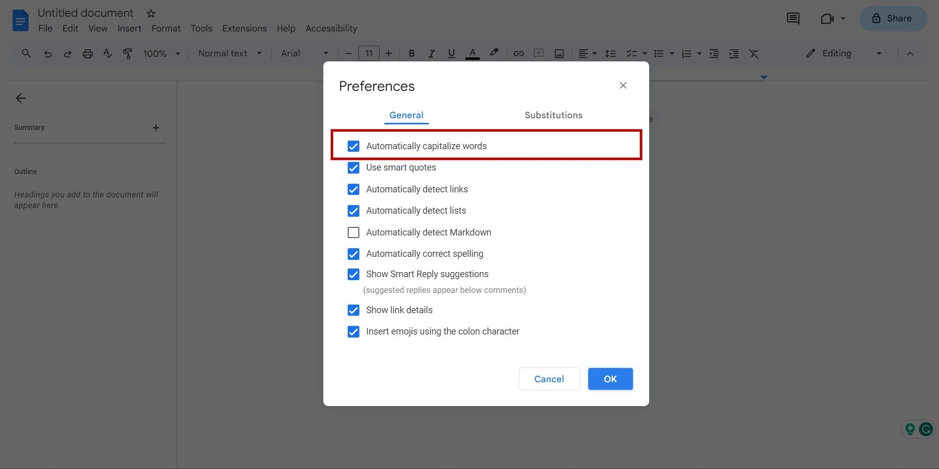 How to turn google docs autocapitalization on or off
