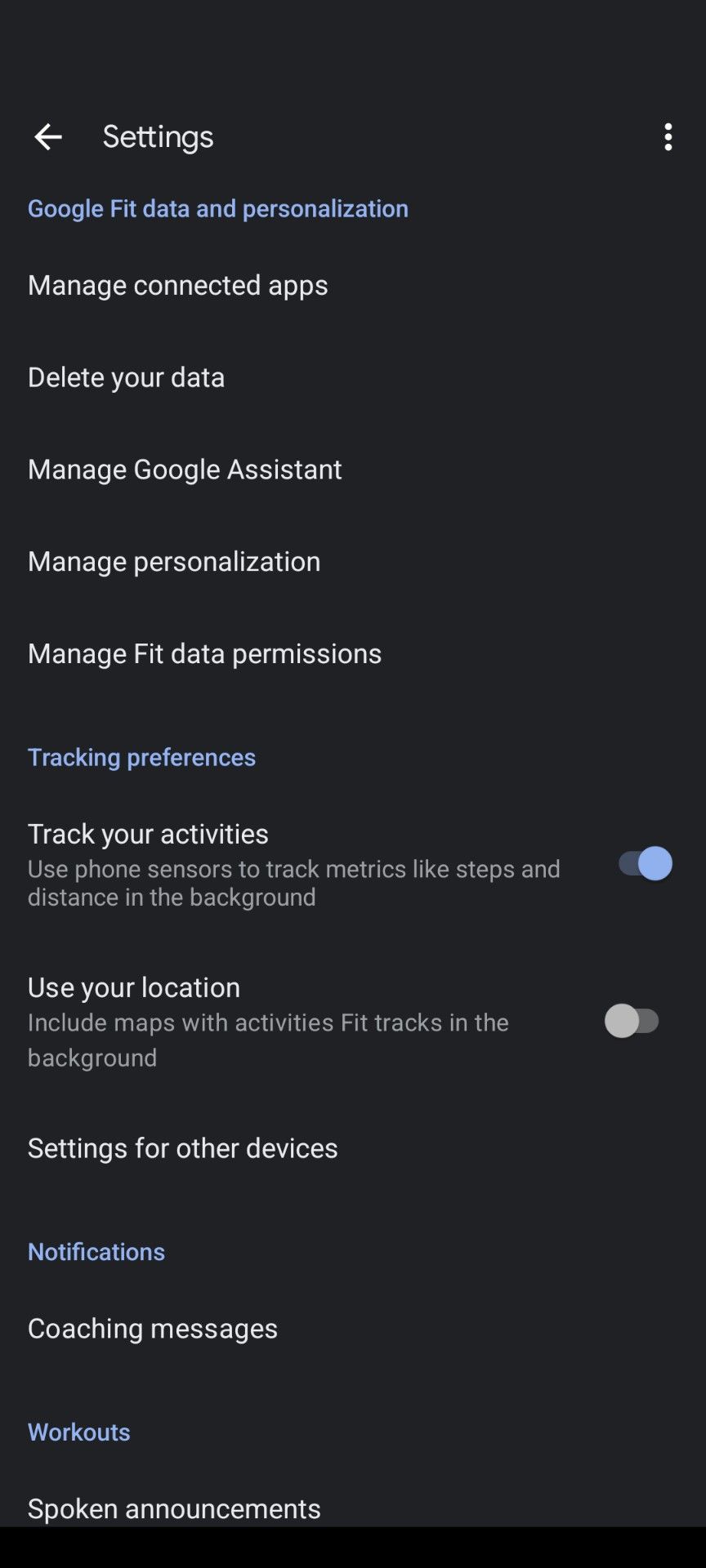 The Google Fit app Settings screen