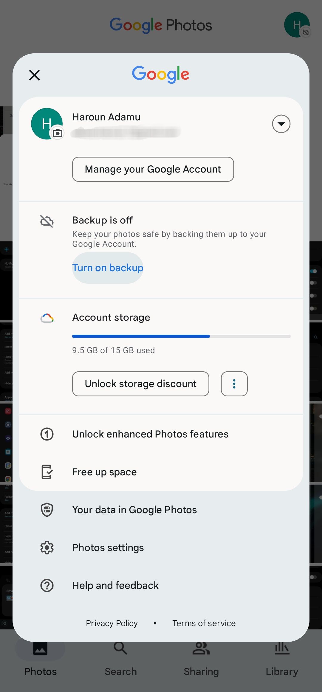 Google Photos profile options drop-down menu.