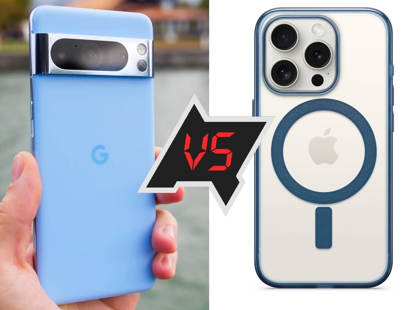 The Google Pixel 8 Pro in Bay blue compared to the iPhone 15 Pro in a licensed OtterBox case