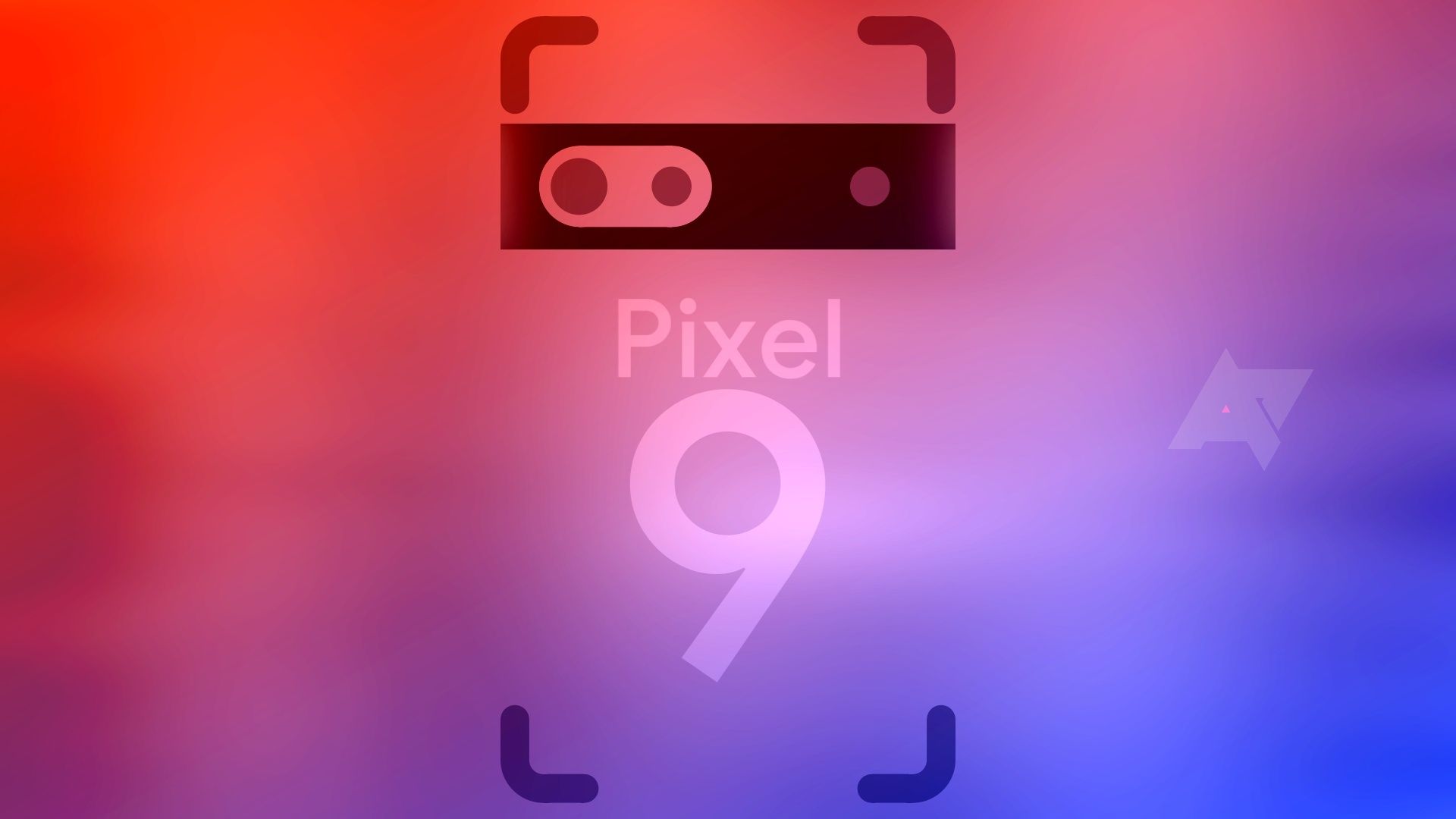 Kata 'Pixel 9' pada garis luar ponsel pintar dengan latar belakang oranye dan ungu