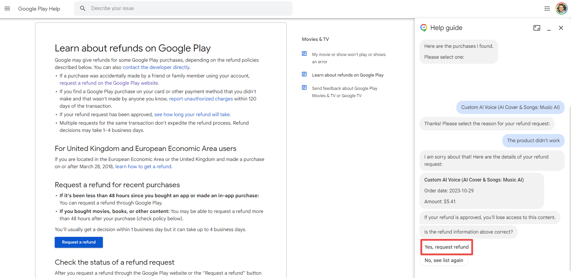 Google Play refund conversation with 'Yes, request refund' highlighted