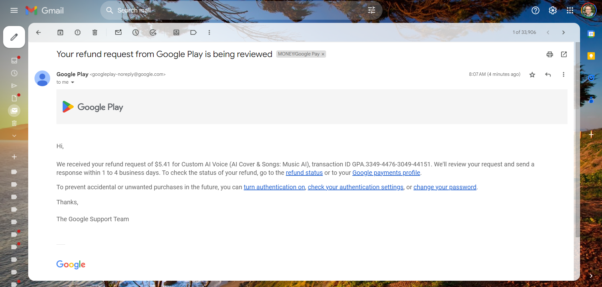 Google Play refund confirmation email